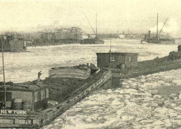 Boats in an ice-filled New York harbor.